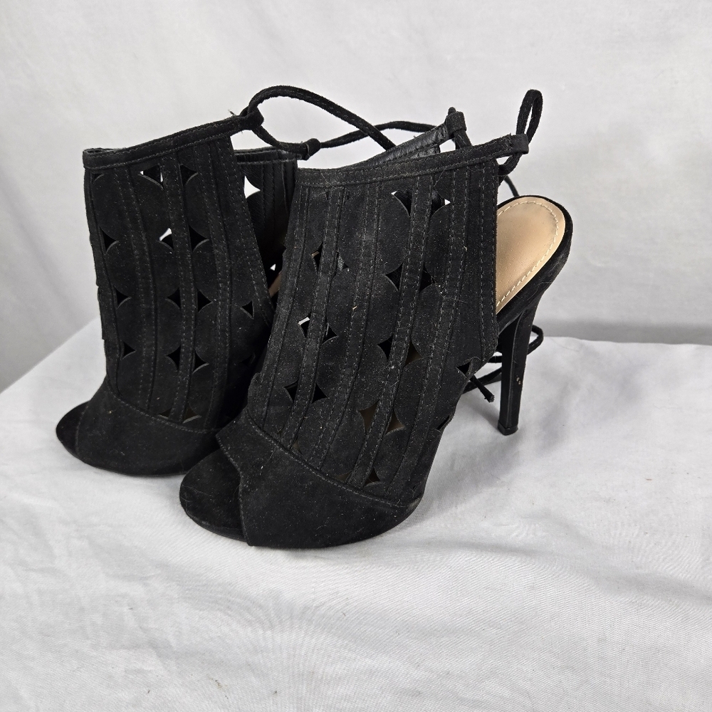 JustFab Black Cutout Suede Peep-Toe Stiletto Heels